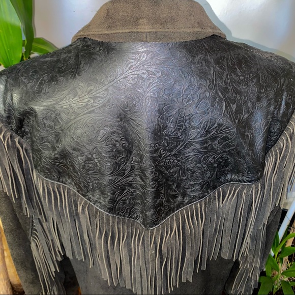Wilson’s Black Suede Tooled Leather Fringe Jacket - Picture 6 of 8